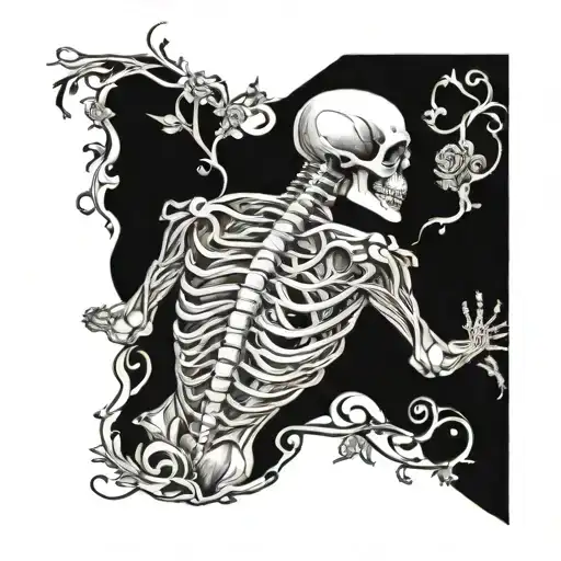 A big Back tattoo that goes diagonally down with a skeleton hand a regular hand coming through flower like vines almost  tattoo design idea