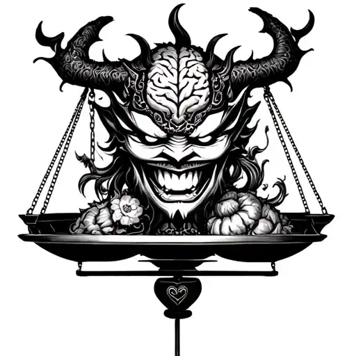 Demon japon oni mask and weight scale balance with heart and brain on the scale tattoo design idea