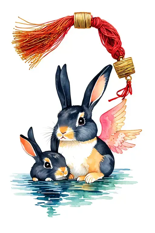 traditional korean tassel with a pendent of 2 rabbits and one angel rabbit in beautful traditional night scean. tattoo design idea