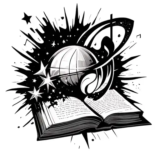 Open book figure 657 star planet music note Diamond all its that comes out in explosion tattoo design idea