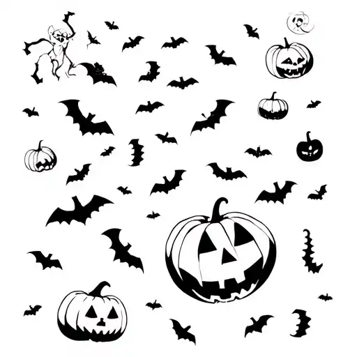 Halloween theme tattoo flash sheet with 10 designs - black fine line work only on plain white background tattoo design idea