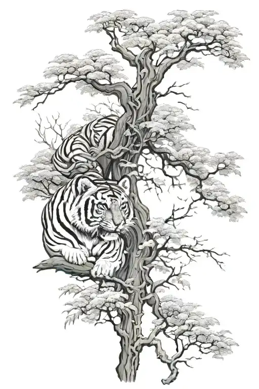 Forest scene with a tiger sitting in a tree in a with a traditional Japanese dragon flying in the background tattoo design idea