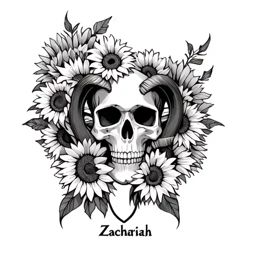 females skull with sunflowers wrapped around the skull and the Aries sign with Zachariah somewhere in it  tattoo design idea