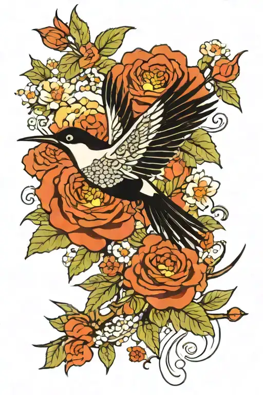  rose, Japanese symbols and a flying bird flying tattoo design idea