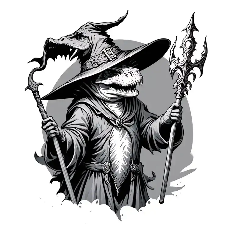 dinosaur wizard with hat and holding a staff tattoo design idea