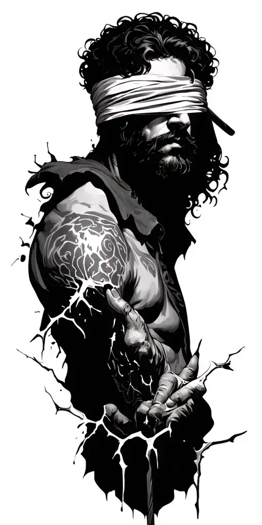 blindfolded man with cloth blind fold shedding on tear, statue cracking and a thorn staff tattoo design idea