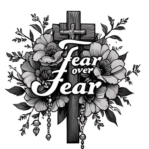 a cross saying fear over fear and flowers with a rosary  tattoo design idea