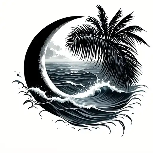 crescent moon. Palm fronds follow moon's arc. crashing waves flowing into the crescent moon. feminine minimalist flowy  tattoo design idea