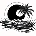 crescent moon. Palm fronds follow moon's arc. crashing waves flowing into the crescent moon. feminine minimalist flowy  tattoo design idea