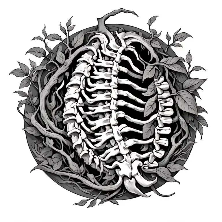 full spinal cord with vines and natures coming out of the back and spinal cord tattoo design idea
