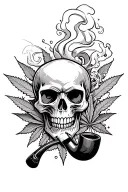 A skull smoking a ceremonial pipe, surrounded by swirling smoke and weed tattoo design idea