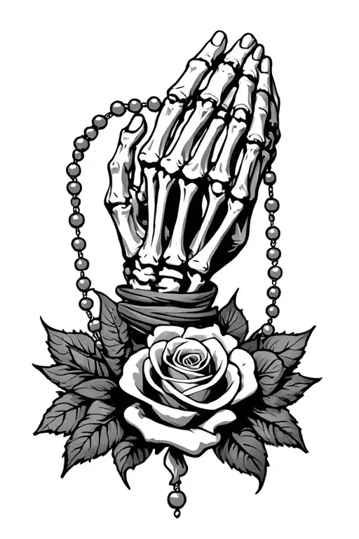Skeleton hands praying with rosary beads wrapped around and roses with thorns around the bottom  tattoo design idea