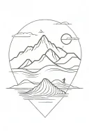 a mountain and a wave in the background and a surfboard with the Basque cross in the foreground tattoo design idea