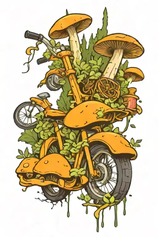 sword bike mushrooms twisting forest tattoo design idea