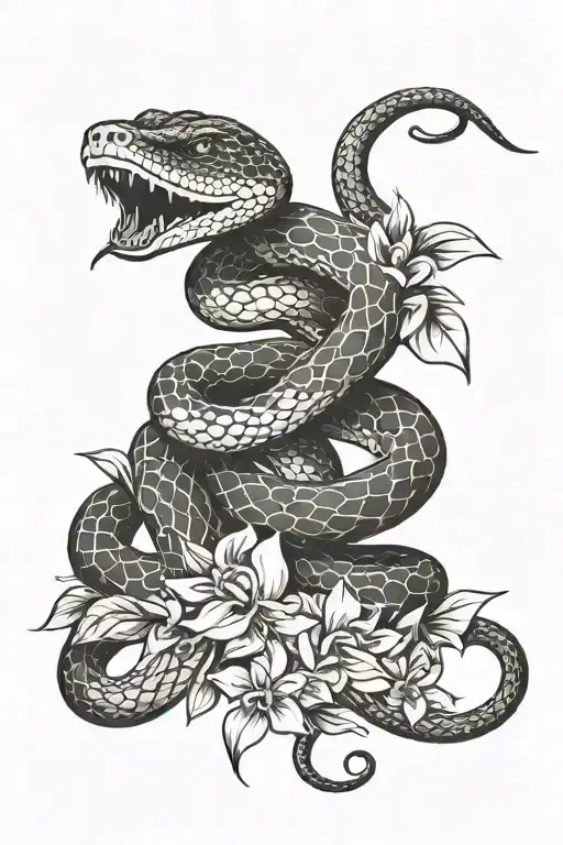 Snake coiled around flowers  tattoo design idea