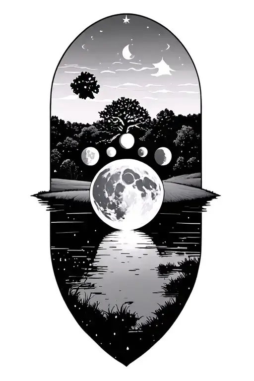 pond, apple tree, kosovo outline with star to show where camp bondsteel is and 3 moon phases for may, july and september tattoo design idea