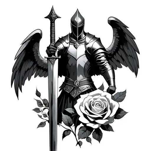 a knight with a sword and Wings above a Rose  tattoo design idea