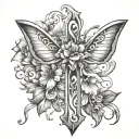cross with a semicolon in the middle with flowers and butterflies  tattoo design idea