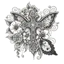 cross with a semicolon in the middle with flowers and butterflies  tattoo design idea
