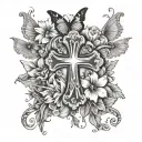 cross with a semicolon in the middle with flowers and butterflies  tattoo design idea