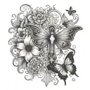 cross with a semicolon in the middle with flowers and butterflies  tattoo design idea