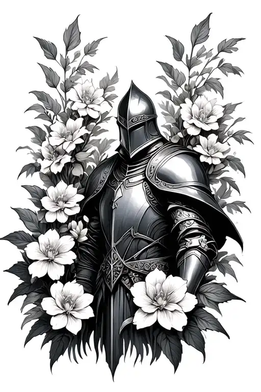 Dark fantasy, knight, flowers growing tattoo design idea