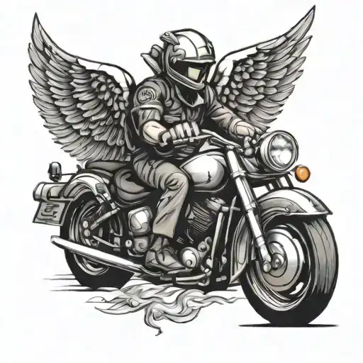 man on motorcycle wearing a helmet with angel wings coming from his back  tattoo design idea