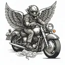 man on motorcycle wearing a helmet with angel wings coming from his back  tattoo design idea