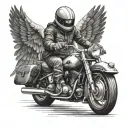 man on motorcycle wearing a helmet with angel wings coming from his back  tattoo design idea
