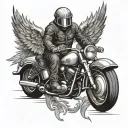 man on motorcycle wearing a helmet with angel wings coming from his back  tattoo design idea