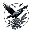 A song bird, a raven, and a mockingjay all flying in a circle looking a rose tattoo design idea