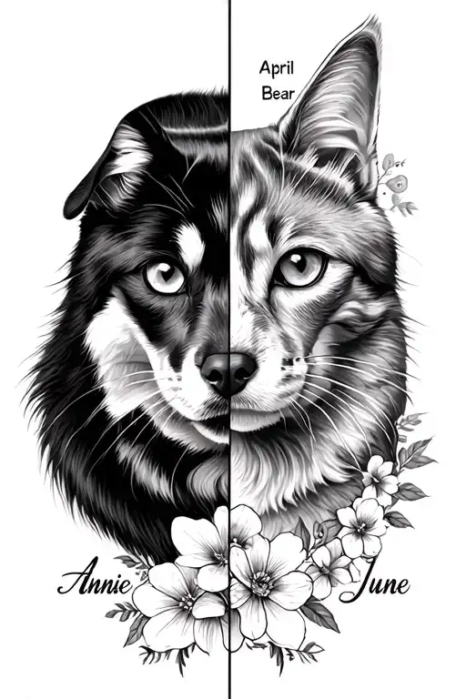half face of cat and half face of dog with cat name Annie and dog name Bear with line and April and June birth flowers tattoo design idea