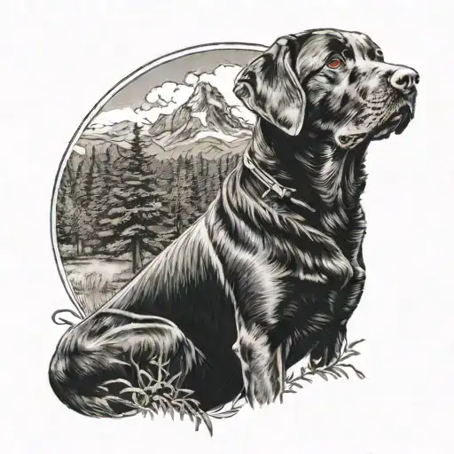 Black Lab sitting in front of trees and mountain tattoo design idea