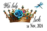 "His lady luck Nov 14 2024" blue rose queen crown and dragonfly perched tattoo design idea