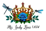 "His lady luck Nov 14 2024" blue rose queen crown and dragonfly perched tattoo design idea