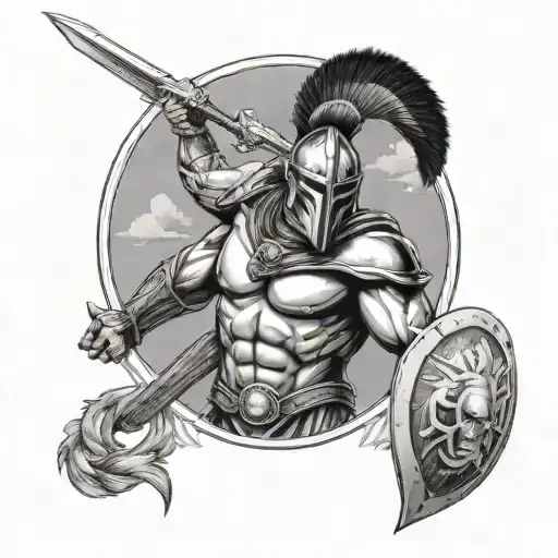 Spartan warrior bare chested holding a spear in one hand and showing the front of his sheild. stood ready for battle tattoo design idea