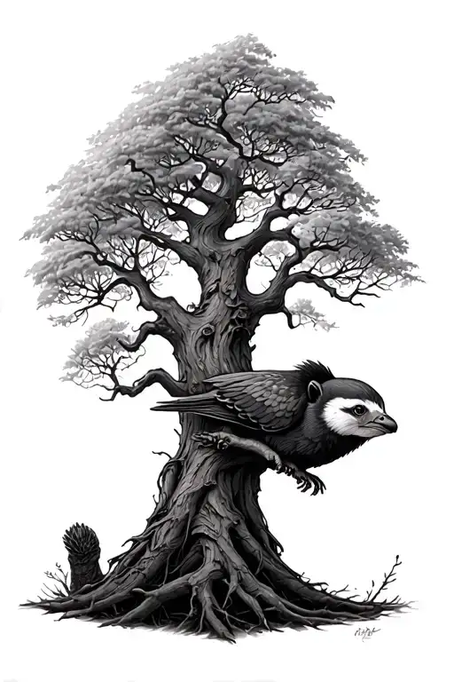 whomping willow tree with hedwig and niffler tattoo design idea