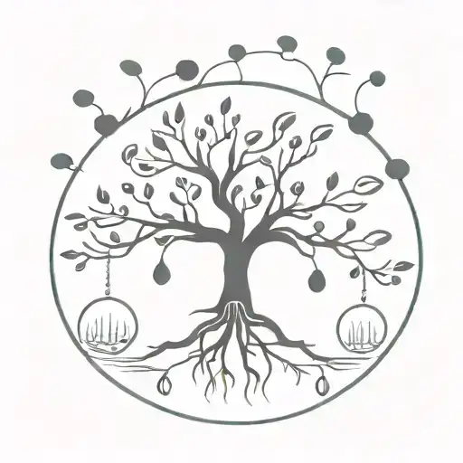 A minimalist design of a family tree with water droplets representing each member, symbolizing the client's connection to their family tattoo design idea