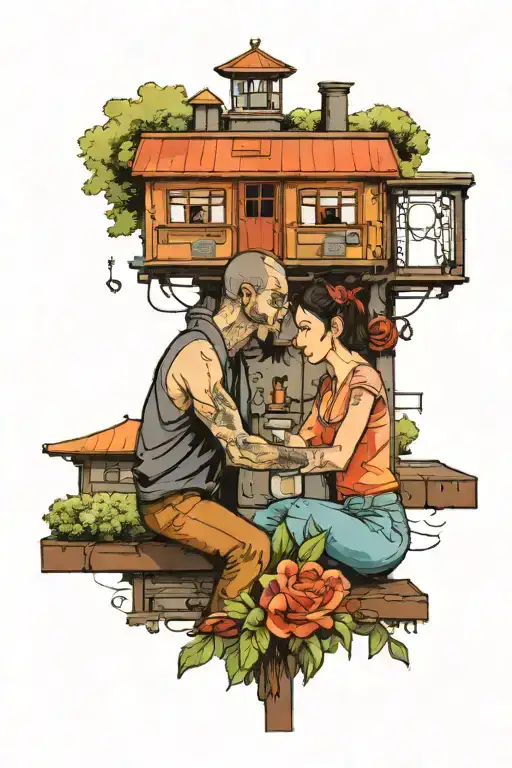 Holding hands , couple hugs,train station, tea , temple, blessings,river,love , traffic, Street ganrate a tattoo by comb tattoo design idea