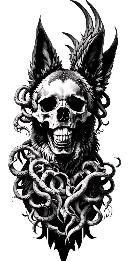 pheonix, medusa, german shepard skull tattoo design idea