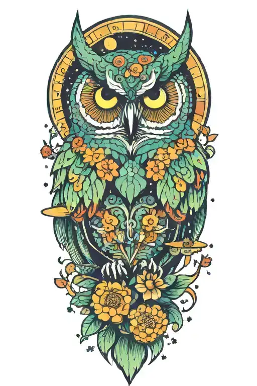 colorful owl with a chrysanthemum  flower, some green spots and starry background that has planets and rockets tattoo design idea