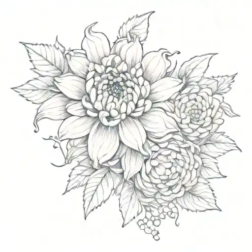 chrysanthemum and honeysuckle flowers intertwined within tattoo design idea