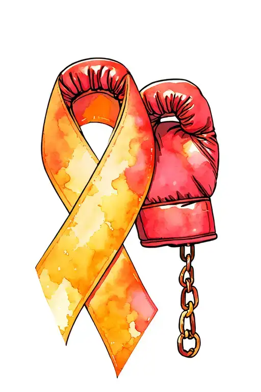 thyroid cancer ribbon crossed with recovery ribbons with boxing gloves held by chains  tattoo design idea
