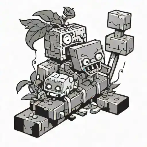Make me a calf tattoo design with characters from Battle block theatre, Minecraft, plants vs zombies, little nightmares tattoo design idea