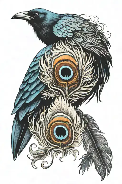 Crow and Peacock feather tattoo design idea