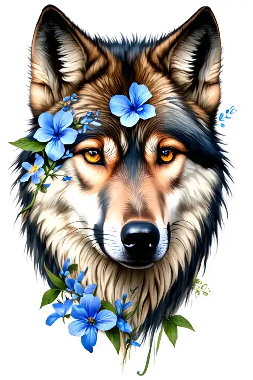 feminine wolf face side with blue flowers  tattoo design idea