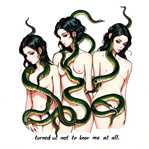 the text "turned out not to know me at all" with a group of 3 topless girl friends who are covered in snakes tattoo design idea