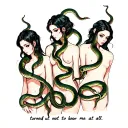the text "turned out not to know me at all" with a group of 3 topless girl friends who are covered in snakes tattoo design idea