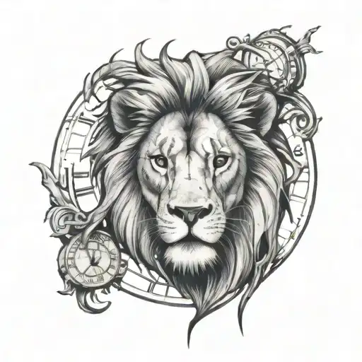 A lion's head in front with a half-clock above it, separated by cracks.  tattoo design idea