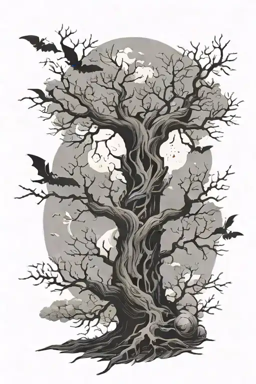 Poison Tree With Bats On The Sides And At The Bottom, Then A Moon Around The Tree With Bats, and clouds behind the tree  tattoo design idea